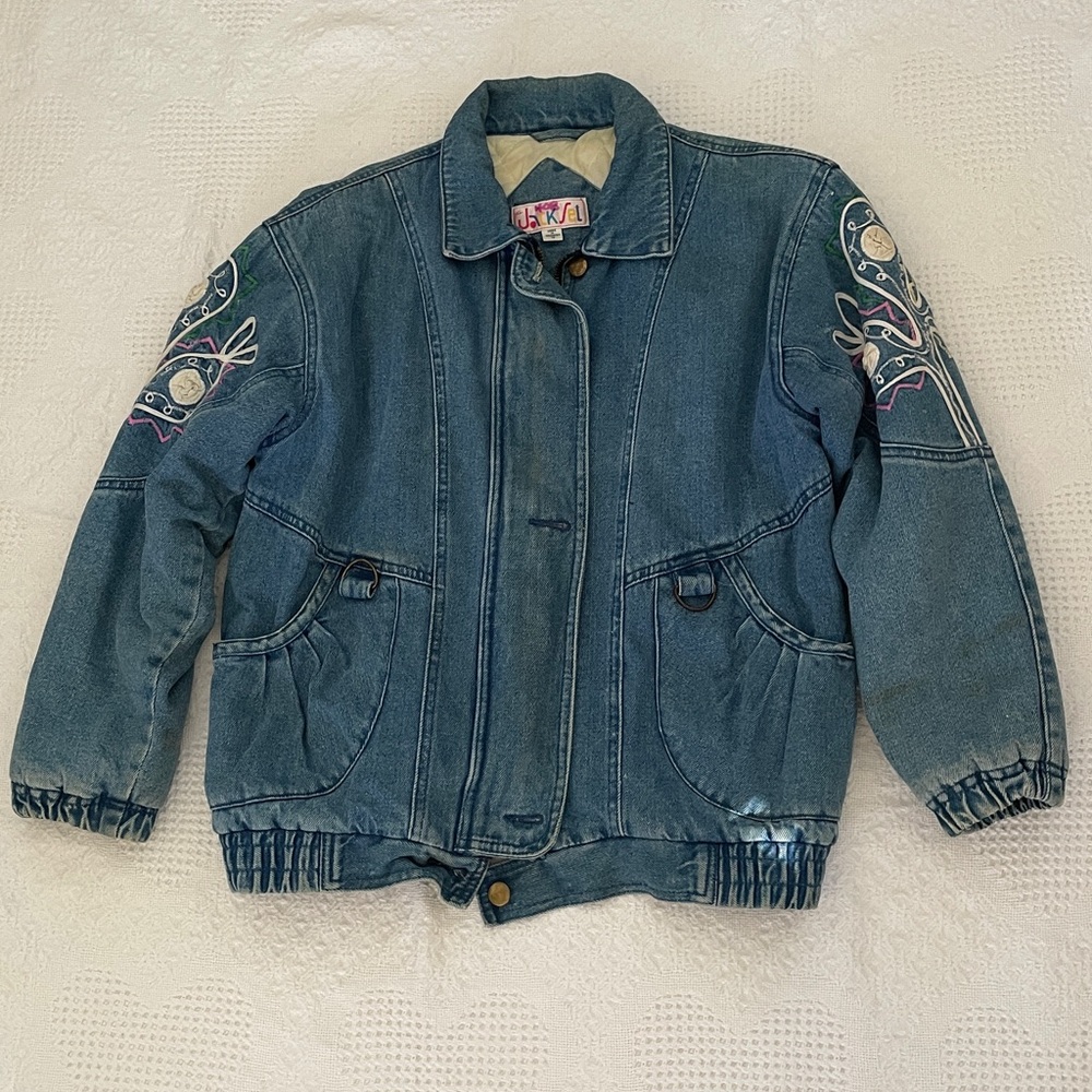 Vintage Embroidered Puffy Denim Jacket 80s Quilted